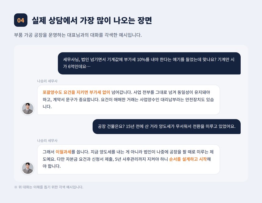 기계장치 부가가치세와 공장 양도세 상담 대화 각색 예시