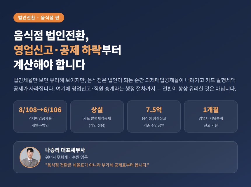 음식점 법인전환 세무사 대표 이미지 — 전환 전 계산할 것들