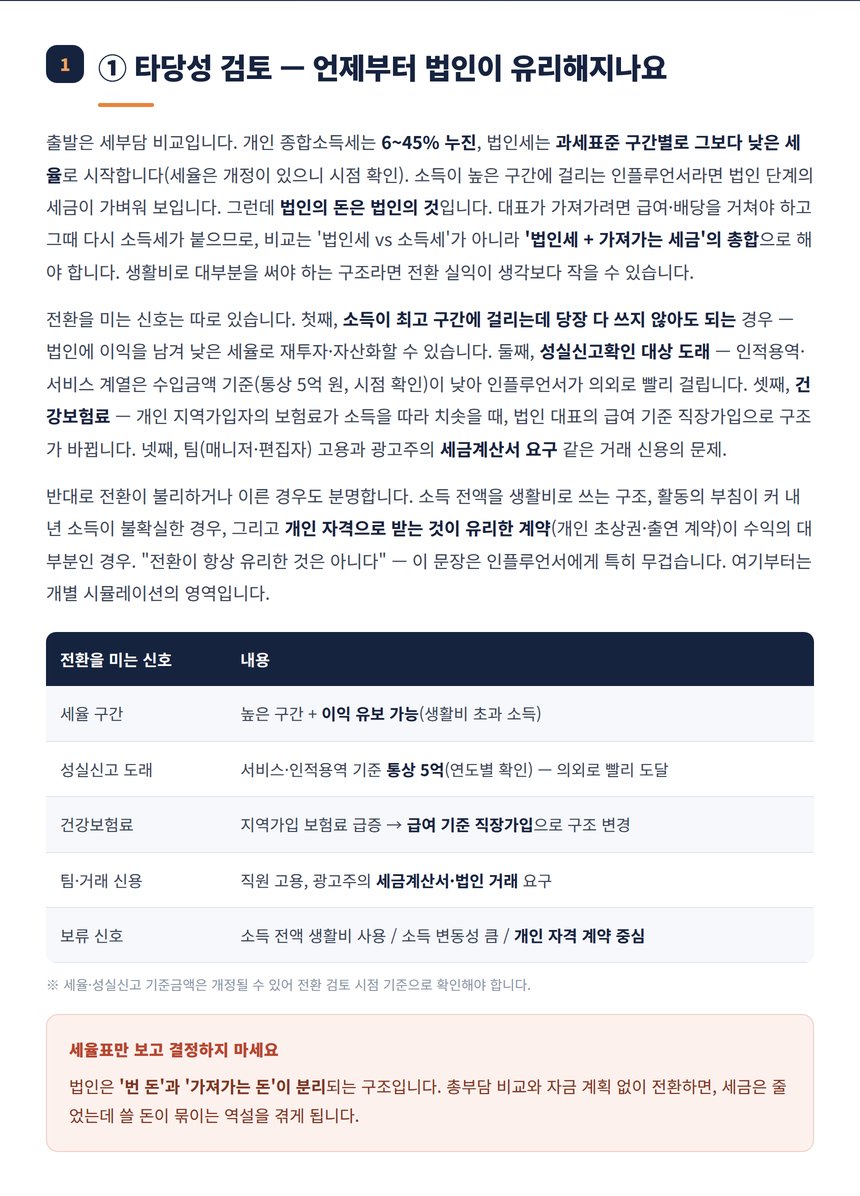법인전환 타당성 검토 신호와 보류 신호 정리표