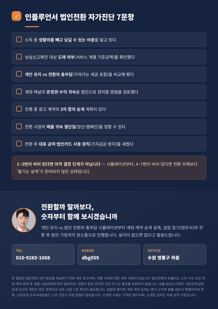 인플루언서 법인전환 자가진단 7문항과 원스톱 안내