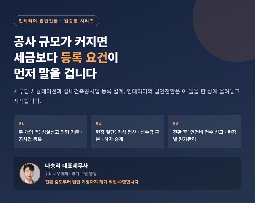 인테리어 법인전환 세무사, 공사 규모가 커지면 세금보다 등록 요건이 먼저 말을 겁니다