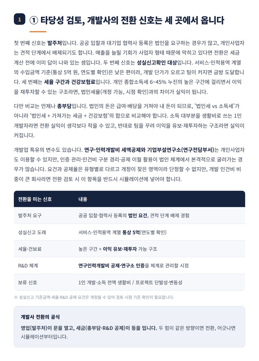 개발사 법인전환 타당성 신호와 성실신고 기준 정리표