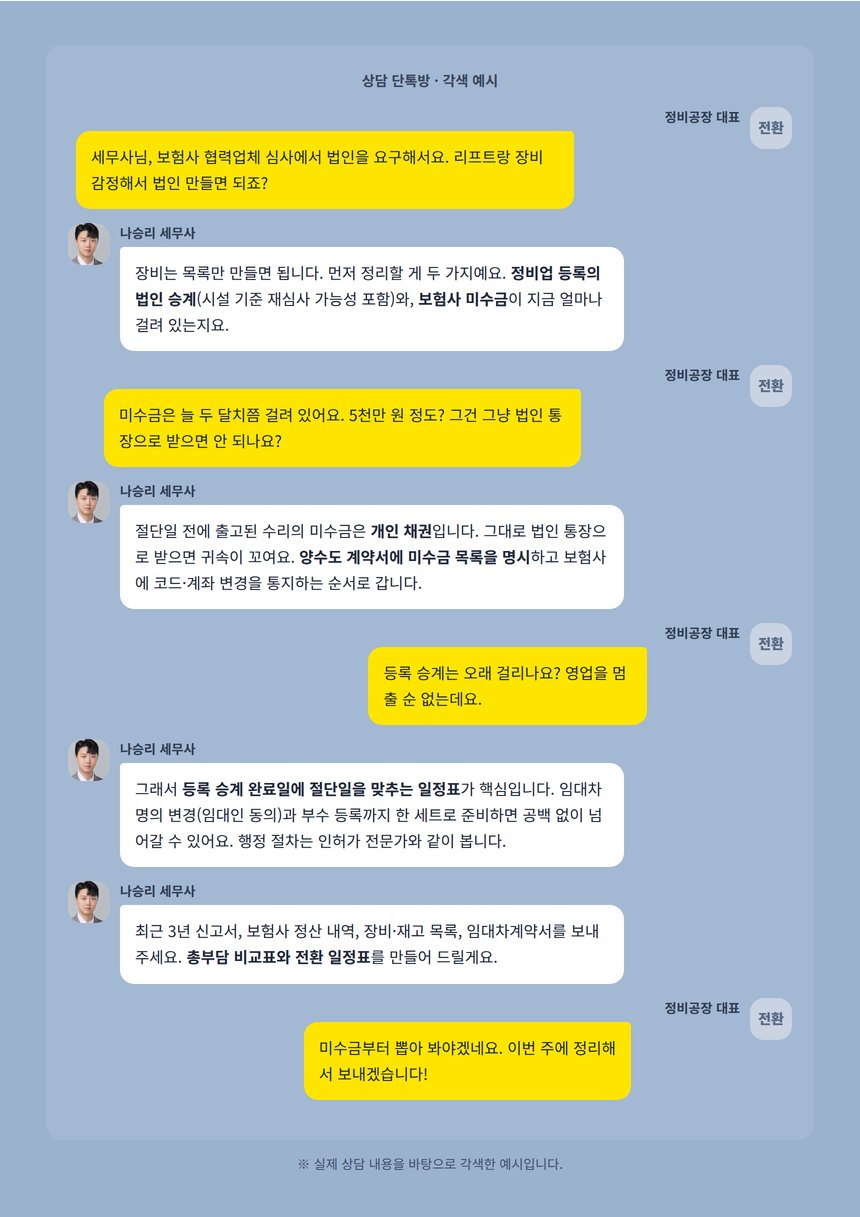 자동차정비업 법인전환 상담 단톡방 대화 각색 예시