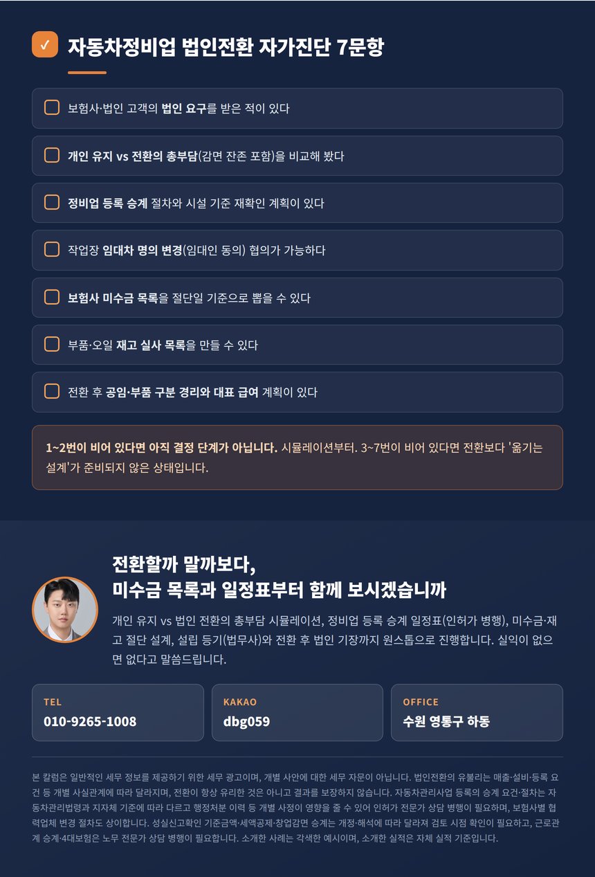 자동차정비업 법인전환 자가진단 7문항과 원스톱 안내