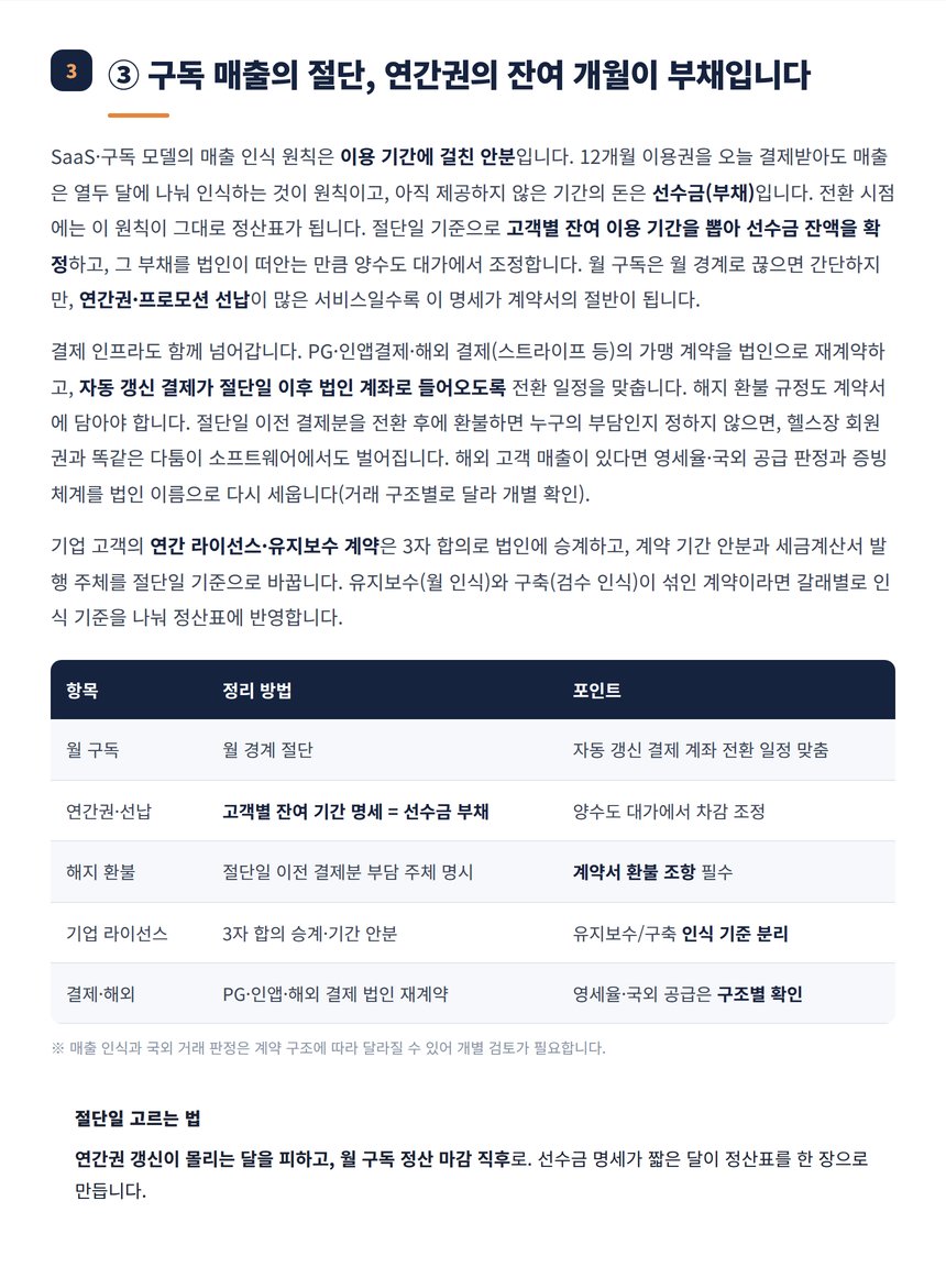 구독 선수금 절단 정산과 결제 인프라 이전 표