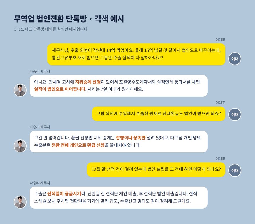 무역업 법인전환 단톡방 상담 각색 예시