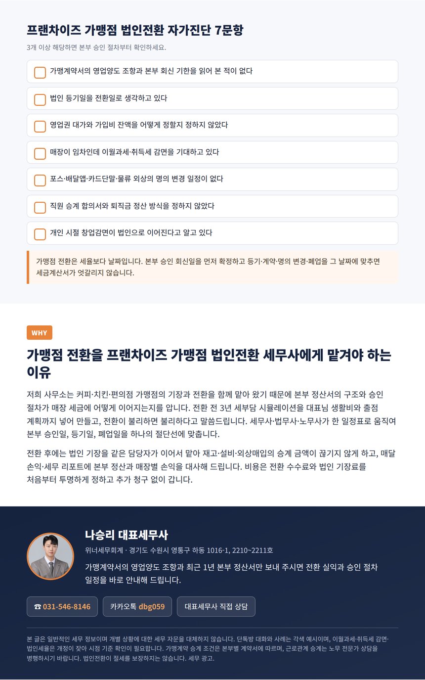 프랜차이즈 가맹점 법인전환 자가진단 7문항과 대표세무사 상담 안내