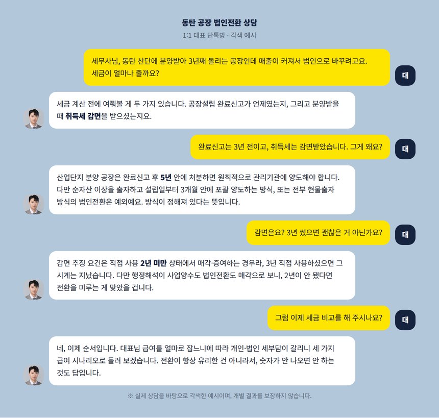 동탄 법인전환 세무사 상담 대화 각색 예시 — 분양받은 지 3년 된 공장의 전환