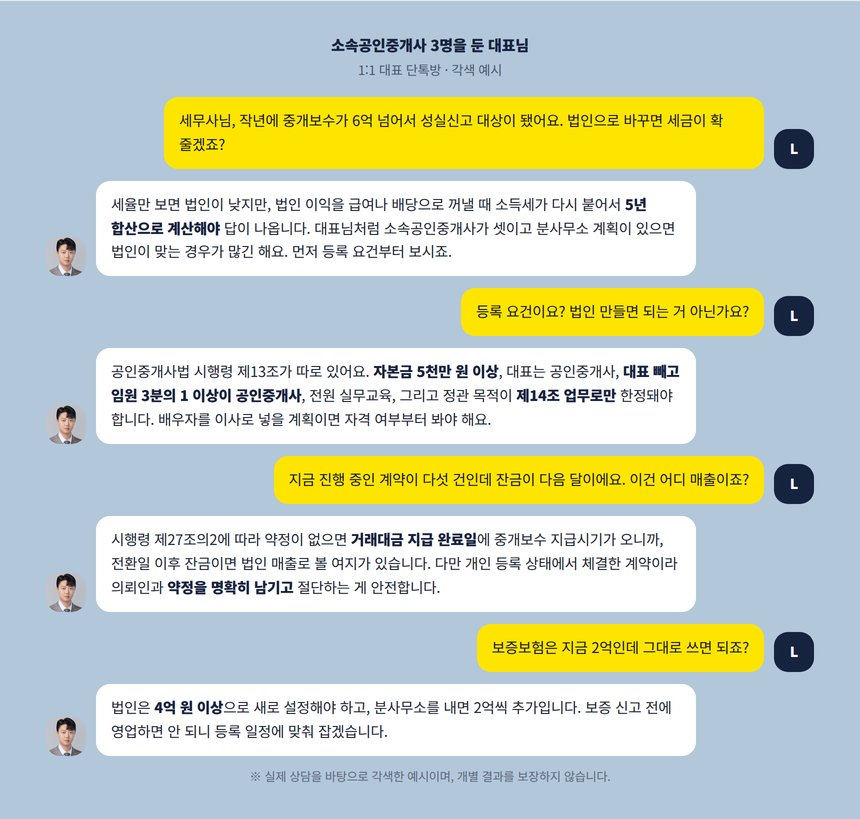 소속공인중개사를 둔 대표와 세무사의 법인전환 등록 요건 계약 절단 상담 대화