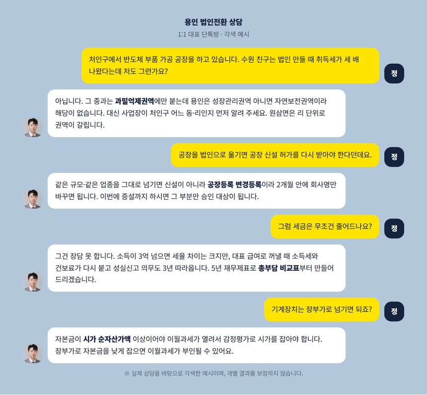 용인 법인전환 세무사 1:1 단톡방 상담 각색 예시