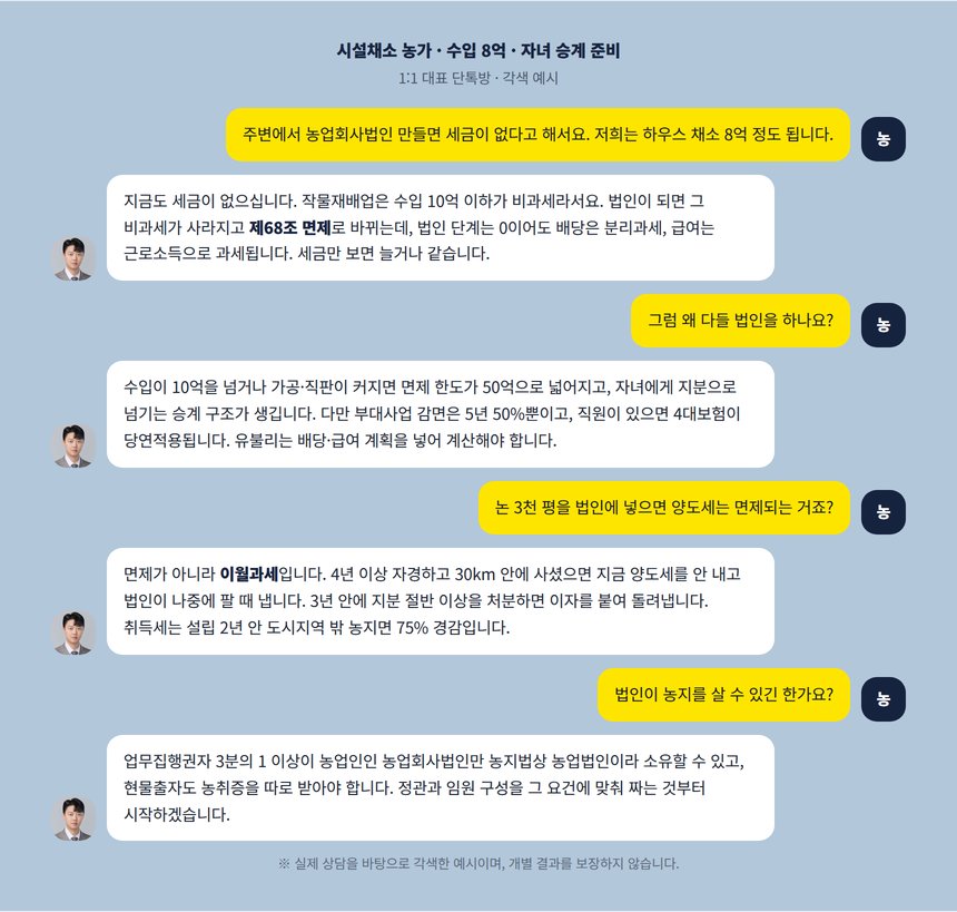 농업인과 세무사의 농업회사법인 전환 단톡방 상담 각색 예시