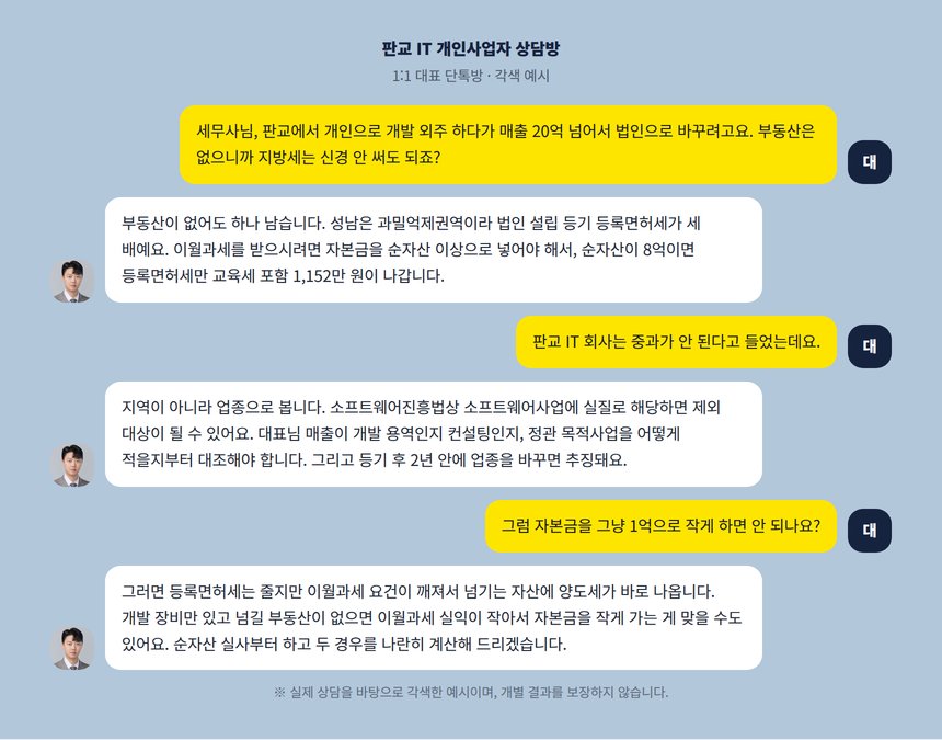 판교 IT 개인사업자와 세무사의 법인전환 1:1 단톡방 각색 예시
