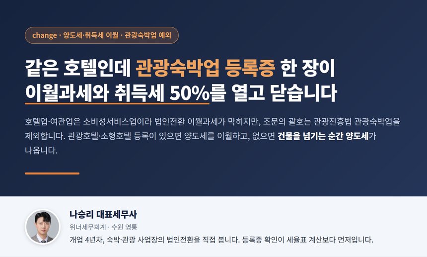 관광호텔 법인전환 세무사, 같은 호텔 건물이라도 관광진흥법 관광숙박업 등록증 한 장이 있으면 소비성서비스업에서 빠져 이월과세와 취득세 50% 경감의 문이 열리고 없으면 양도세가 바로 나옵니다