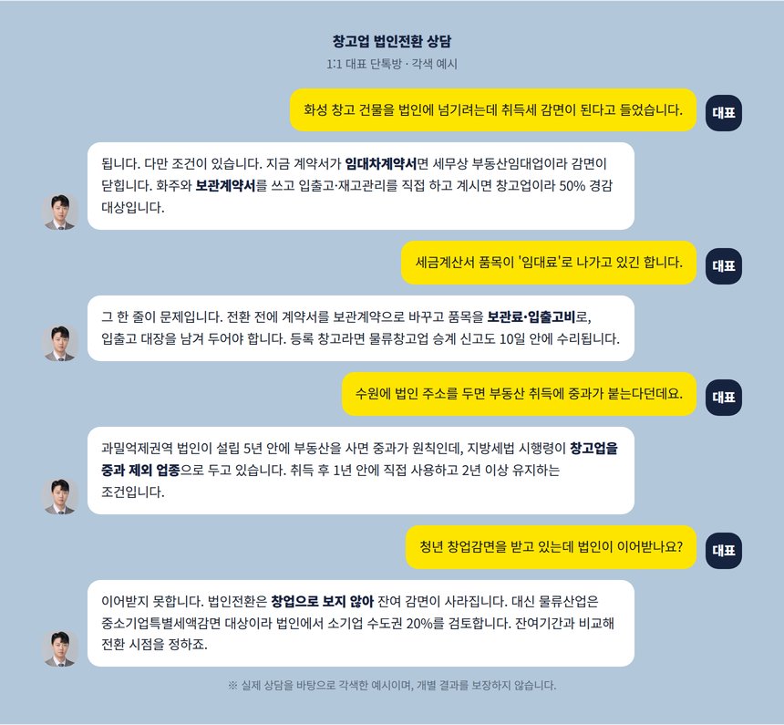창고업 법인전환 세무사 1:1 대표 단톡방 상담 대화 각색 예시, 보관계약서와 임대차계약서