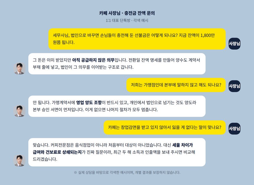 카페 법인전환 세무사 1:1 대표 단톡방 각색 예시, 충전금 잔액 문의