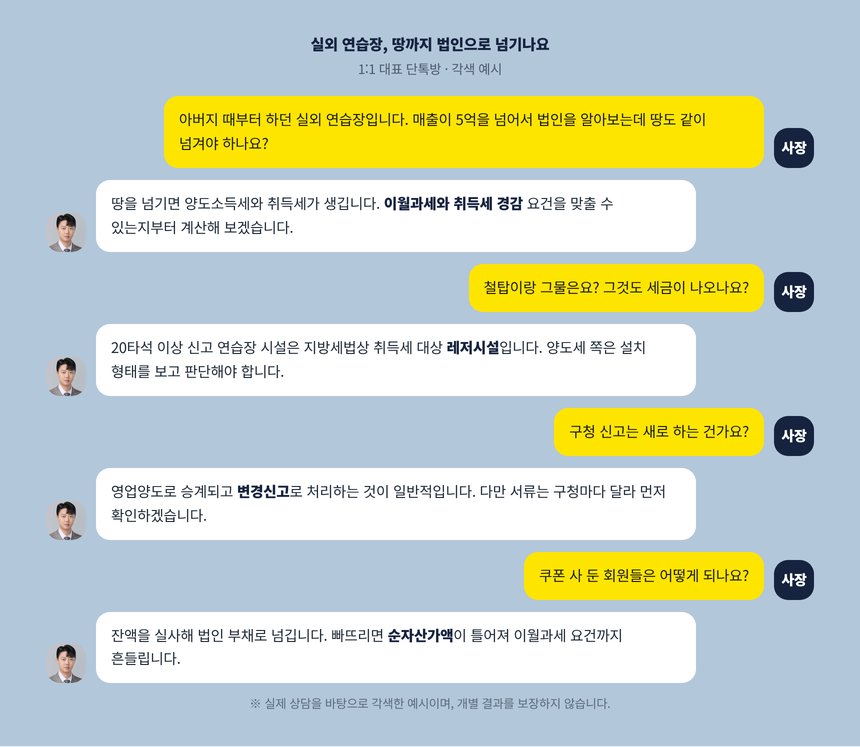 실외 연습장 토지와 철탑 현물출자를 묻는 단톡방 각색 예시